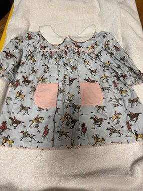 Girls' Light Blue Equestrian Print Dress with Pink Pockets